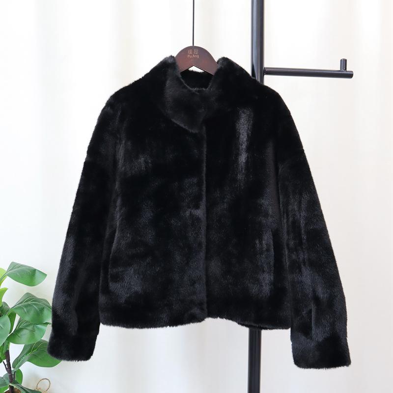 

Утепленная куртка с толстым воротником-стойкой и искусственным мехом, новая осенне-зимняя, короткая, свободного кроя, кардиган из искусственного меха норки высокого класса, женская one size fits all чёрный