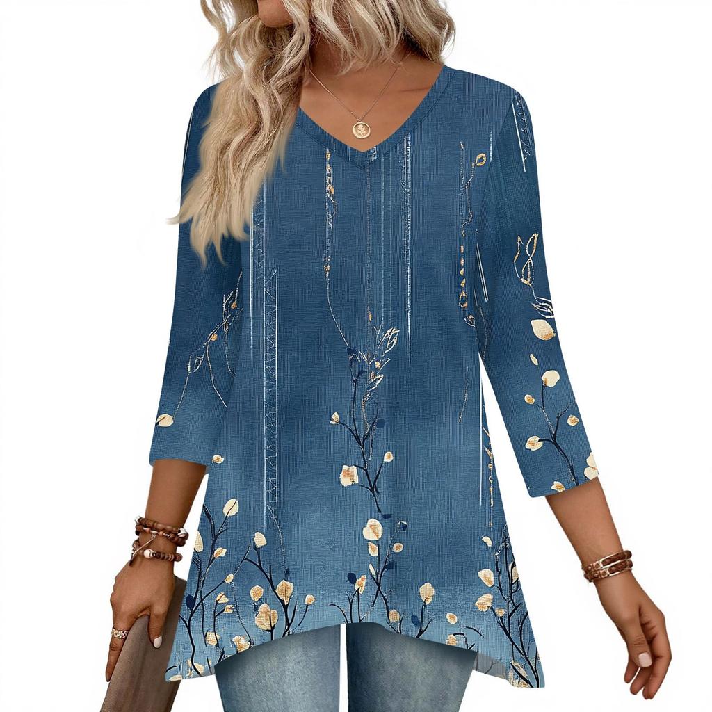 Dámské topy s výstřihem do V a 3/4 rukávem, ležérní košile střední délky, módní tuniky s potiskem