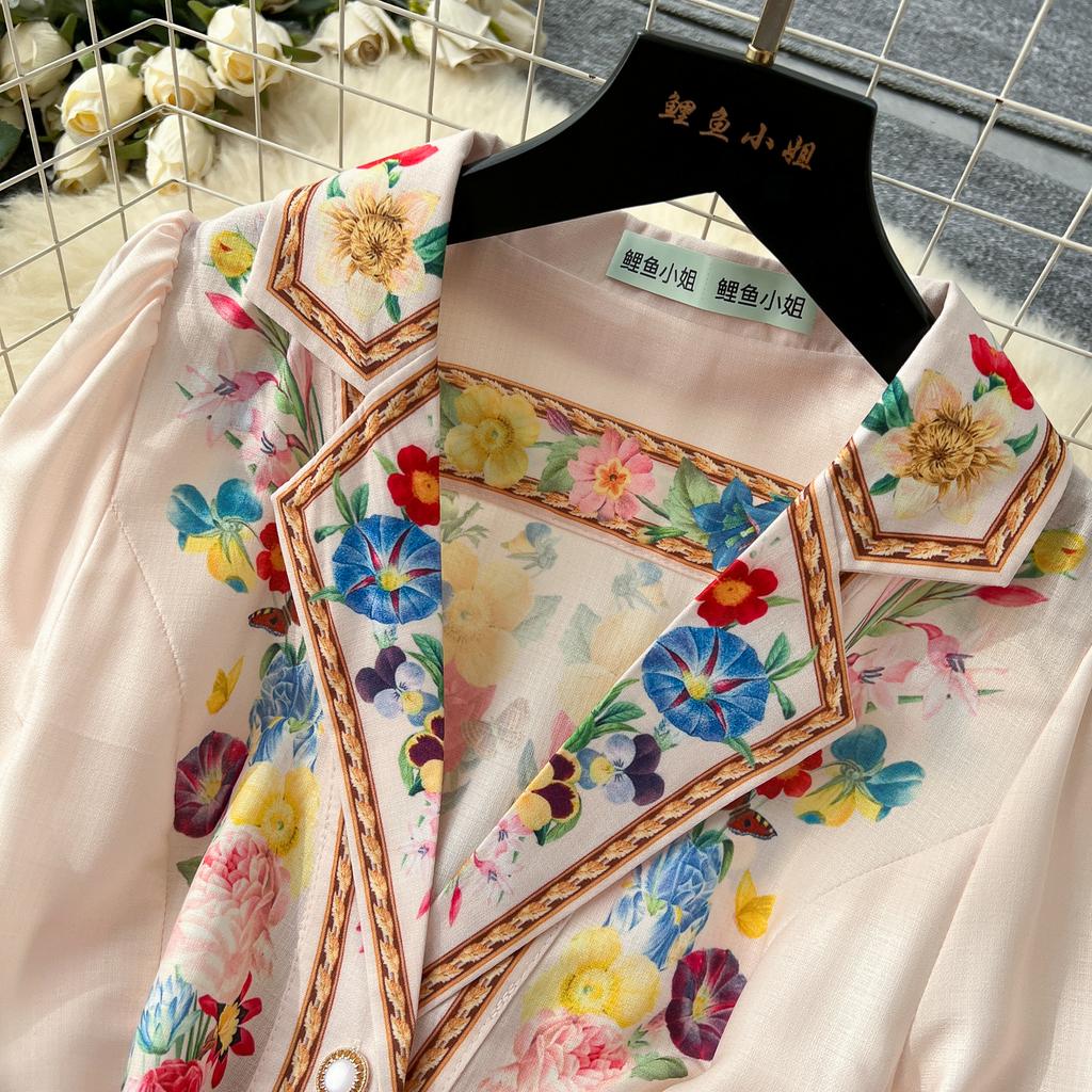 France Elegant Vintage Luxury Evening Dress Women Print  Button Long Party Dress Female Casual Chic Holiday Clothing