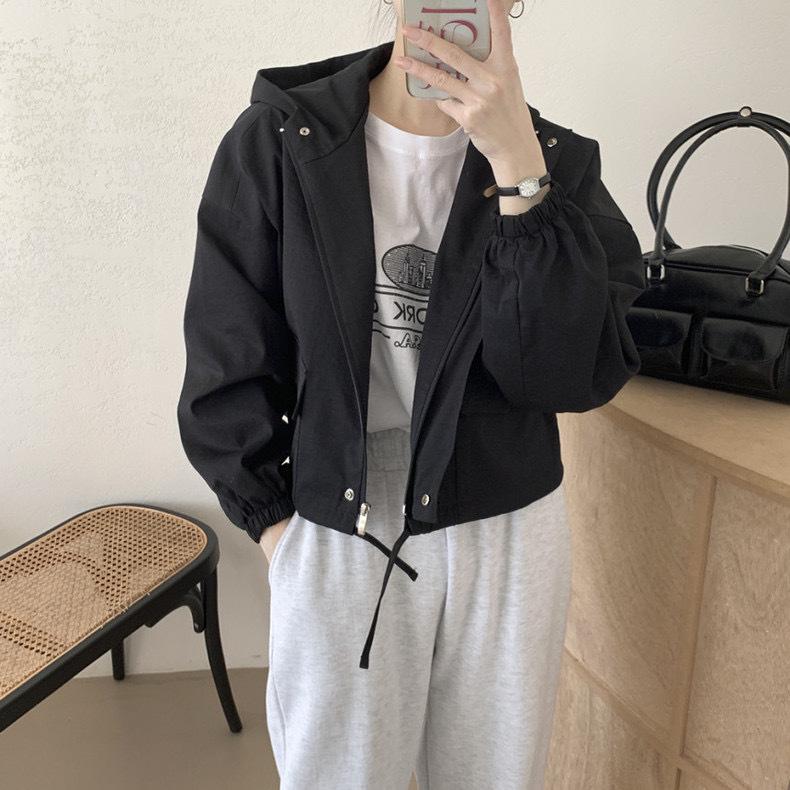 Autumn Vintage Korean Hooded Zipper Casual Solid Color Long Sleeve Jacket for Women