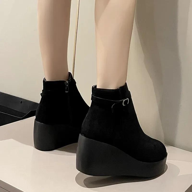 Fashion 2024 New Winter Shoes for Female Side Zip Platform Women's Ankle Boots Wedge Heel Casual Women's Shoes High Heel Ladies Boots