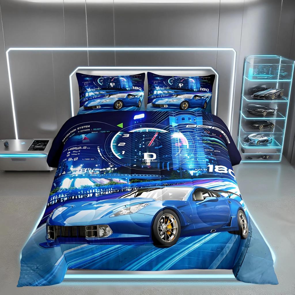 Feelyou Boys Race Car Twin Size Bedding Set Kids Racing Car Comforter Extreme Sports Comforter Set for Teens Cool Car Comforter Car Room Dec