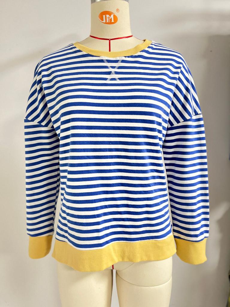 Women Color Block Crew Neck Striped Sweatshirt,Long Sleeve Side Slit Loose Casual Pullover Top Fall Winter Fashion Blouse S-XXL