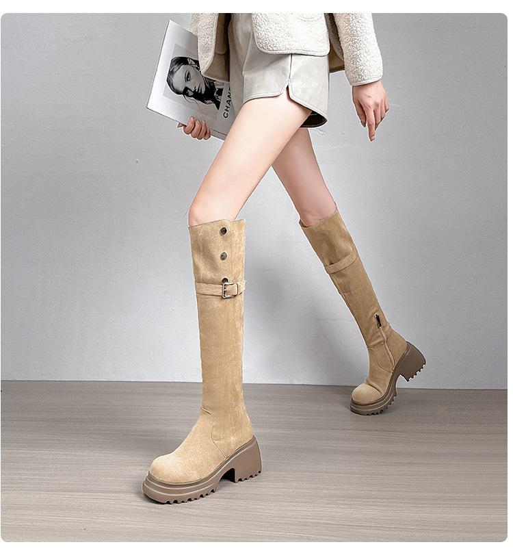 2025 новые длинные сапоги короткие сапоги замшевые ботфорты женские на толстой подошве эластичные расширенные бархатные длинные сапоги 35