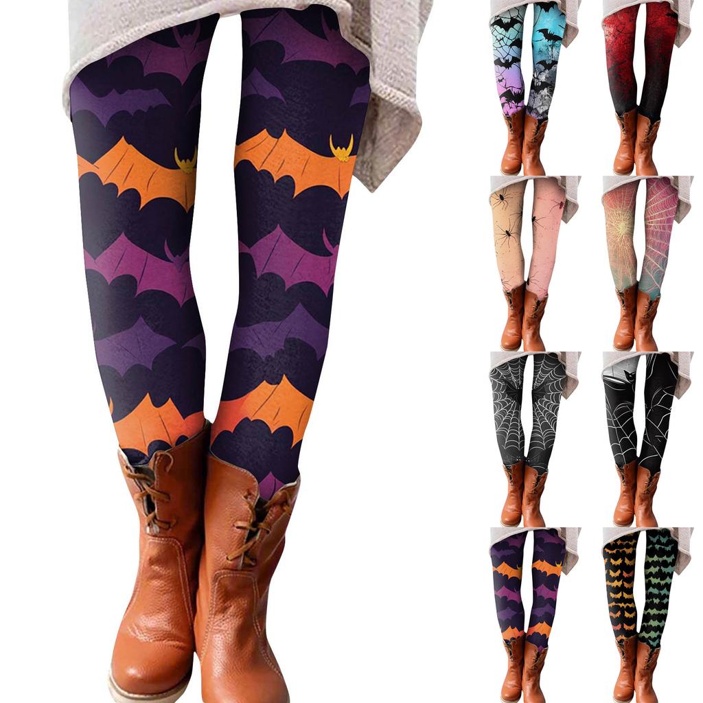 Damesbukser Halloween-trykte stretchy myke underdeler avslappede hjemmesovebukser