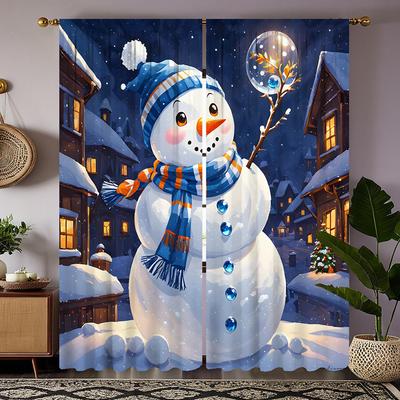 2 Pieces of HD Snow Night Warm Snowman Decorative Curtain White Tie Digital Printed Curtain Home Decoration Style Decoration Liv