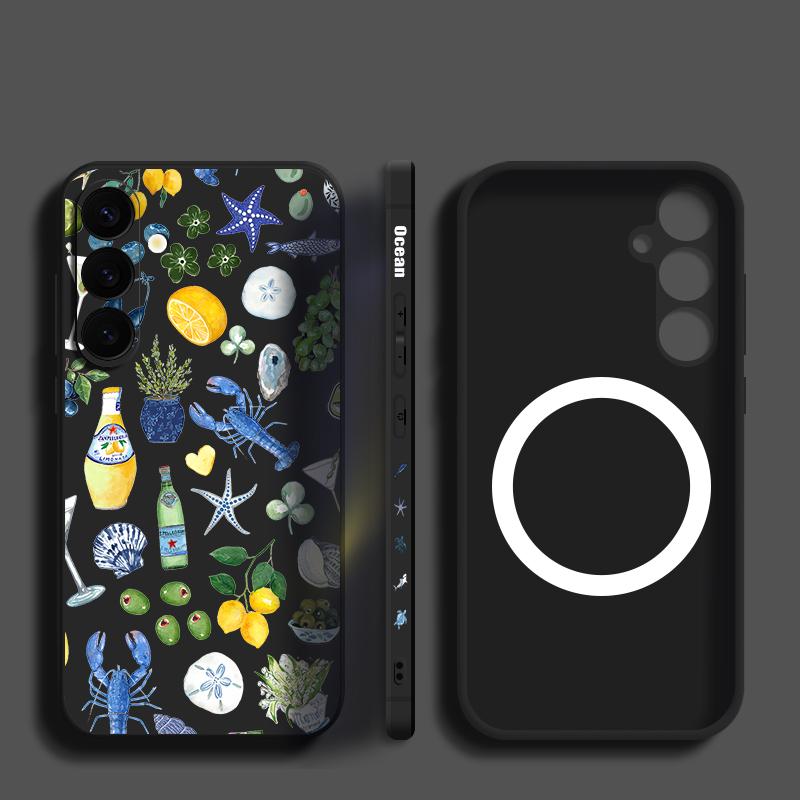 Grid Seaside Whale Print Case For Samsung Galaxy S26 Ultra S25 FE S24 S23 S22 Plus S21 FE Built-in Metal Plate Magnetic Silicone Cover