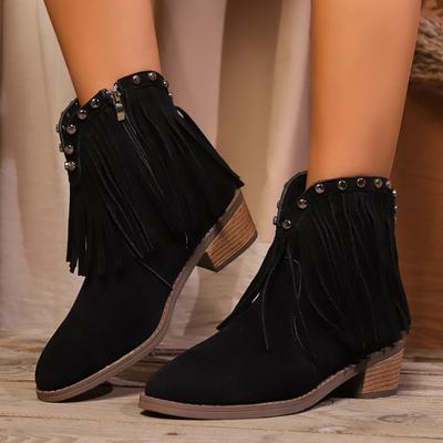 Dameslaarzen 2024 Vintage Bruin Klinknagels Kwasten Cowboy Schoenen Dames Puntige Neus Cowgirls Western Enkellaarsjes Blok Hoge Botas Mujer