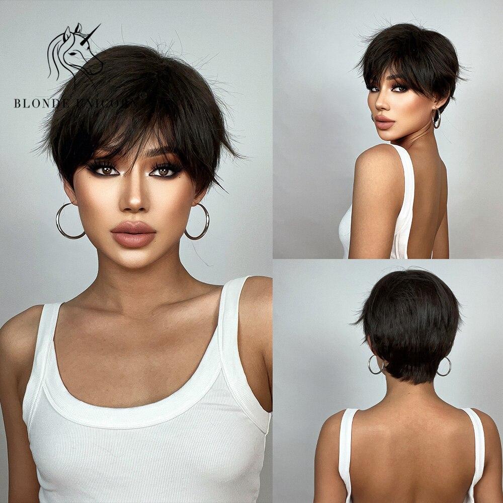 BLONDE UNICORN Blcak Wig Short Bob Wig Synthetic Natural Pixie Cut Hair Wigs Daily Party Use For Women Heat Resistant Fiber