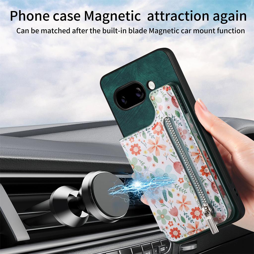 For Google Pixel 9a Leather Phone Cover with RFID Blocking Zipper Card Bag Kickstand