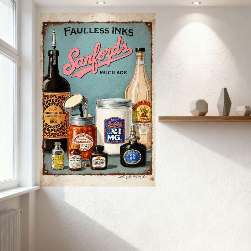 Vintage Faulless Inks Sanford's Mucilage Tin Sign Early 20th-Century Ink & Mucilage Containers Metal Poster for Bar Home Office
