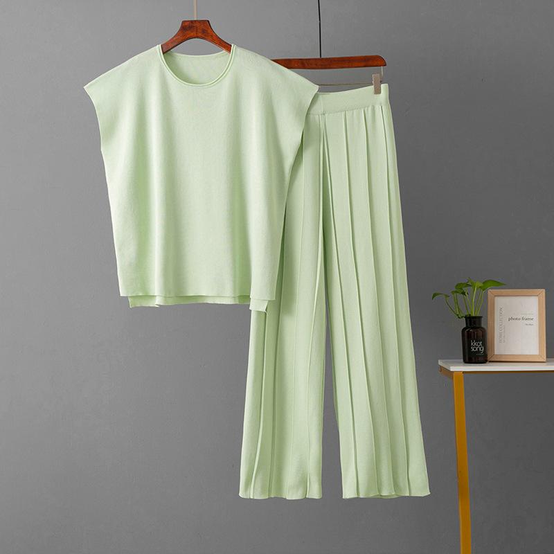 GMXIA Casual Women's Summer Solid-color Sleeveless Vest, Knitted Sweater, Wide-leg Pants, Large-sized Ice Silk Suit