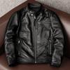 Genuine Soft Cowhide Leather Jacket for Men Slim Fit Stand Collar Biker Coat