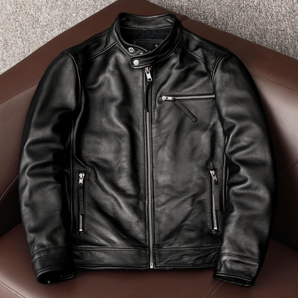 Genuine Soft Cowhide Leather Jacket for Men Slim Fit Stand Collar Biker Coat