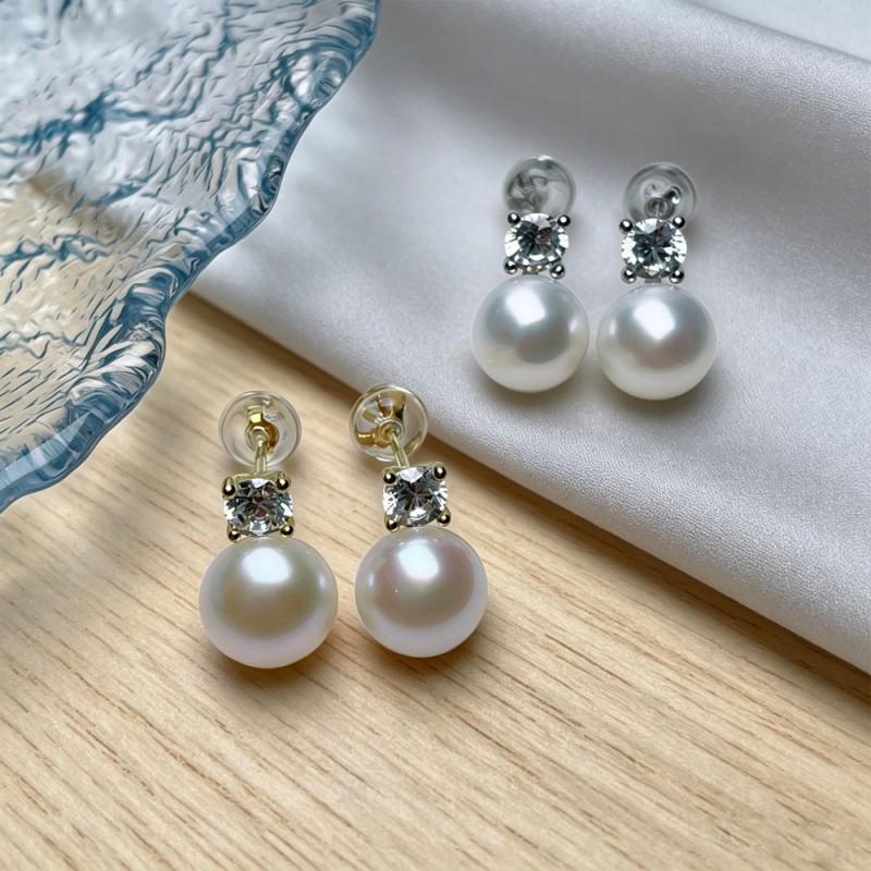 Womens Natural Freshwater Pearl Stud Earrings French Style Luxury Small Batch High-end Zircon Accent