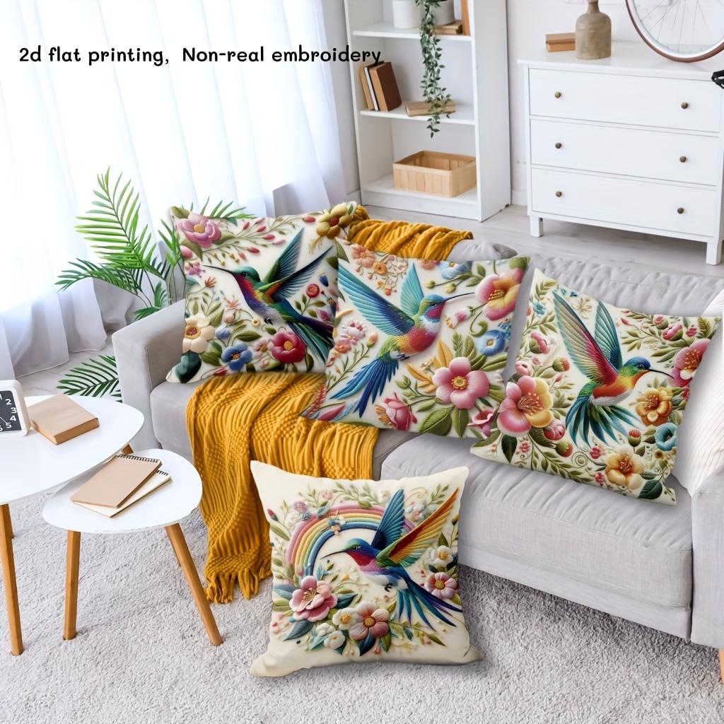 1/4pcs Colorful Hummingbird Floral Pillowcases with 2d Flat Printing Sofa Cushion Cover Home Bedroom Room Decoration