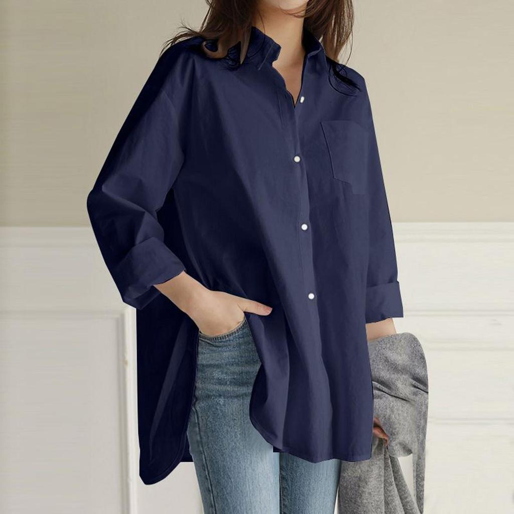 2024 Autumn Women's Solid Color Long Sleeve Irregular Lapel Shirt