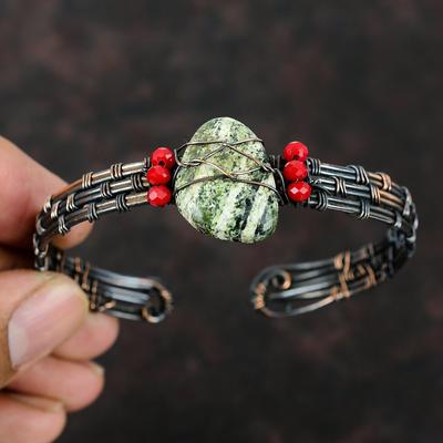 Green Swiss Opal Cuff Bracelet Red Coral Beads Cuff Copper Wire Wrapped Stone Jewelry Adjustable Cuff Handmade Bangle Wire Wrapped Bracelet