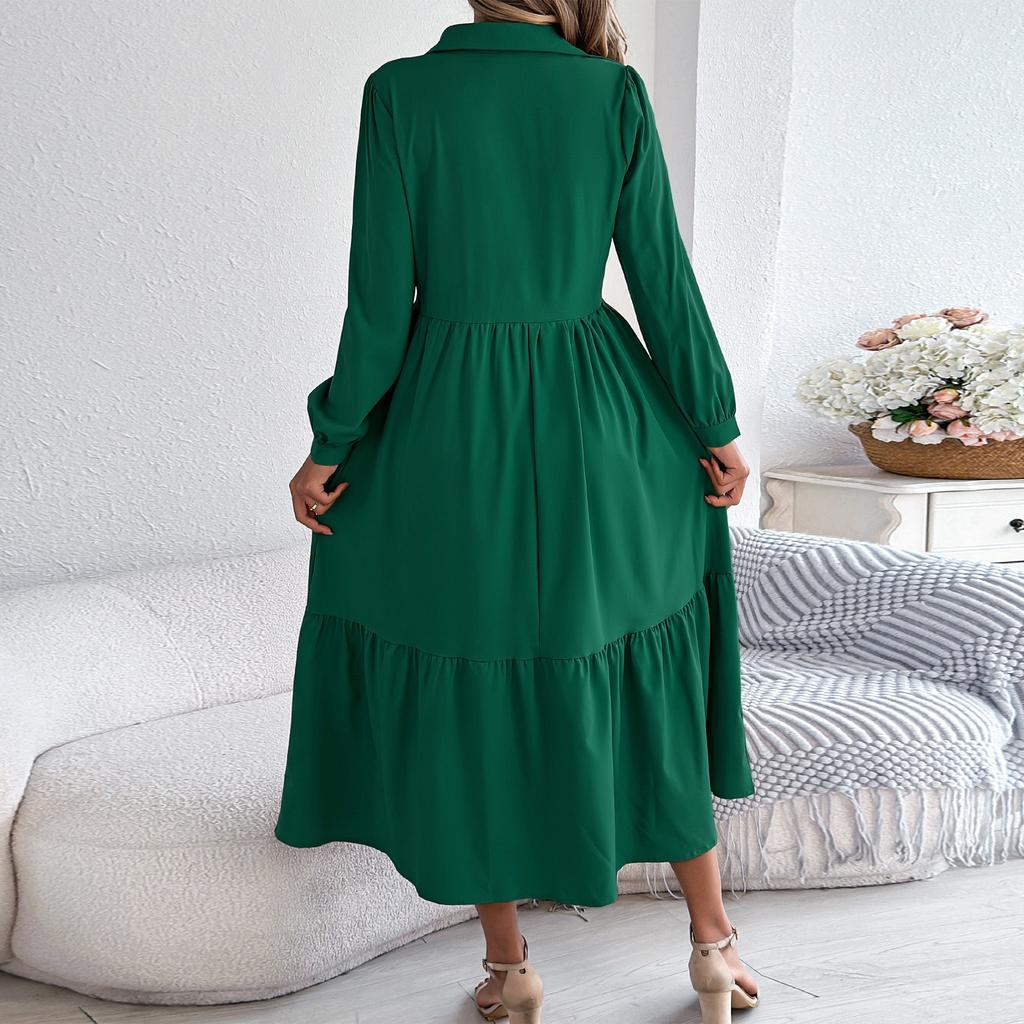 Women's Fashionable Color Lapel Button Casual Loose Long Sleeved Shirt Dress