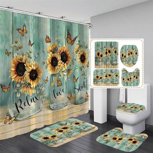 Five Sunflowers Bathroom 4 Piece Set Shower Curtain Bath Mat Curtain Toilet Lid Mat Toilet Pedal