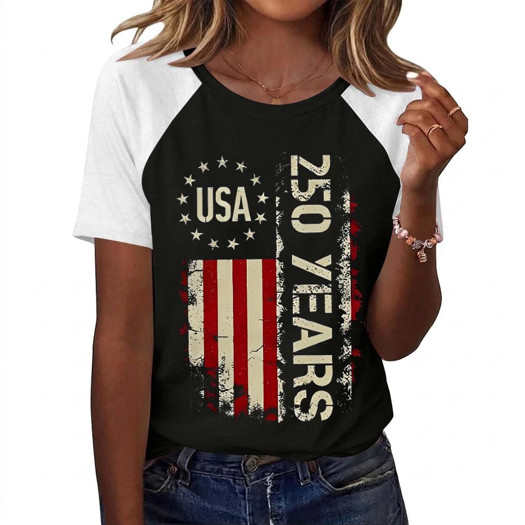 Women’s Raglan Sleeve Printed Top USA 250 Years Graphic Casual Crewneck Short Sleeve Loose Fit Summer T Shirt for Women