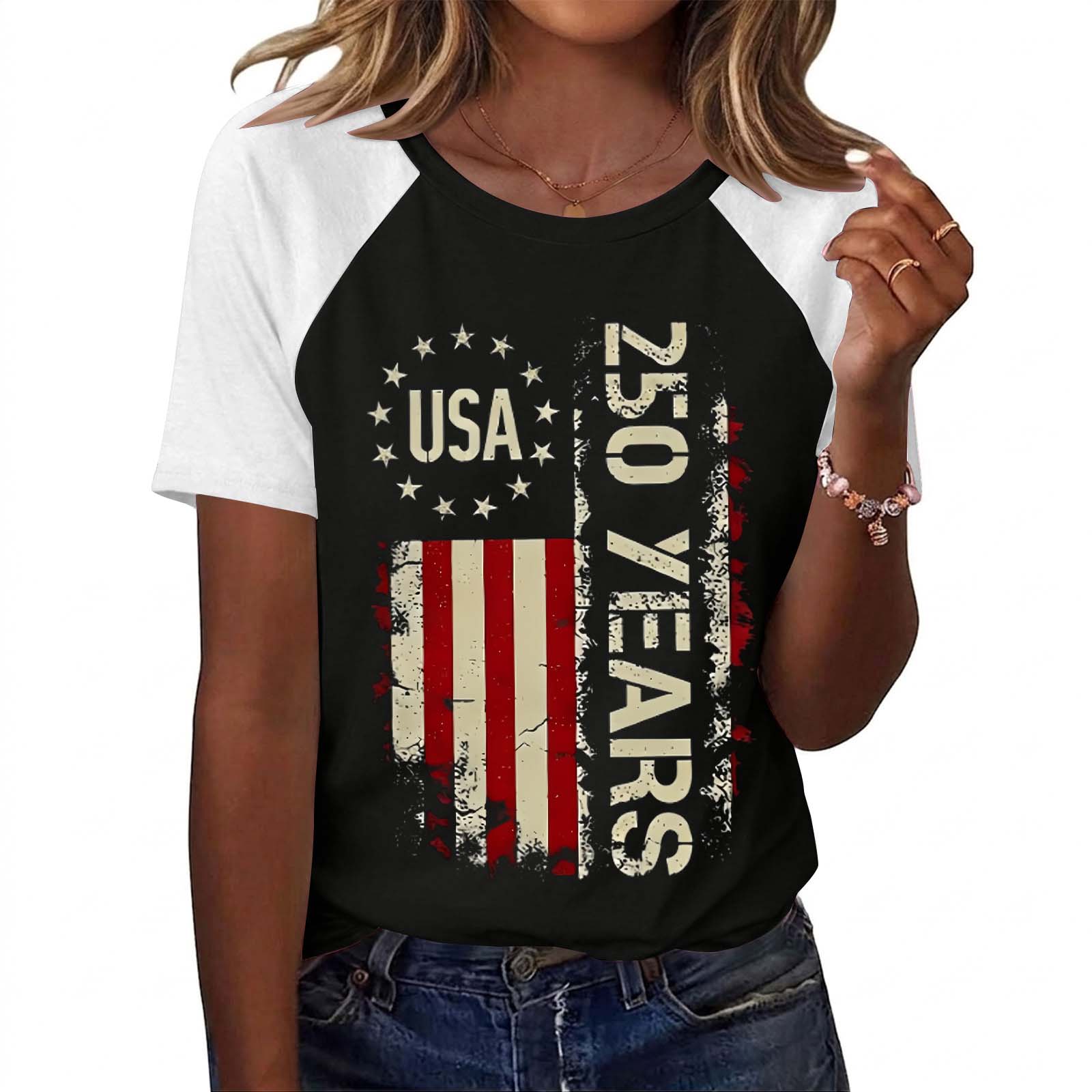 

Women’s Raglan Sleeve Printed Top USA 250 Years Graphic Casual Crewneck Short Sleeve Loose Fit Summer T Shirt for Women L чёрный