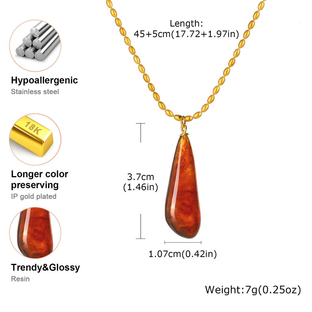 Fashion Vintage Resin Water-drop Shaped Pendant Stainless Steel Rice Beads Chain Necklace for Women Luxury Jewelry Daily&Party