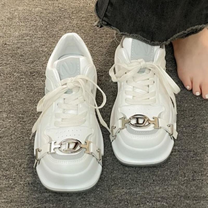 Fashion Shoes for Women Fashion New Silver Retro Casual Sneakers Women's Luxury Square Head Shoes Designer Flat Shoes Zapatos De Mujer