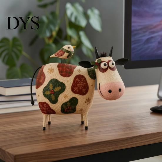 Rustic Farmhouse Shelf Decorations Creative Cow Sculpture with Bird, Resin Animal Figurine, Pastoral Statue, Gifts for Housewarming Artistic Tabletop