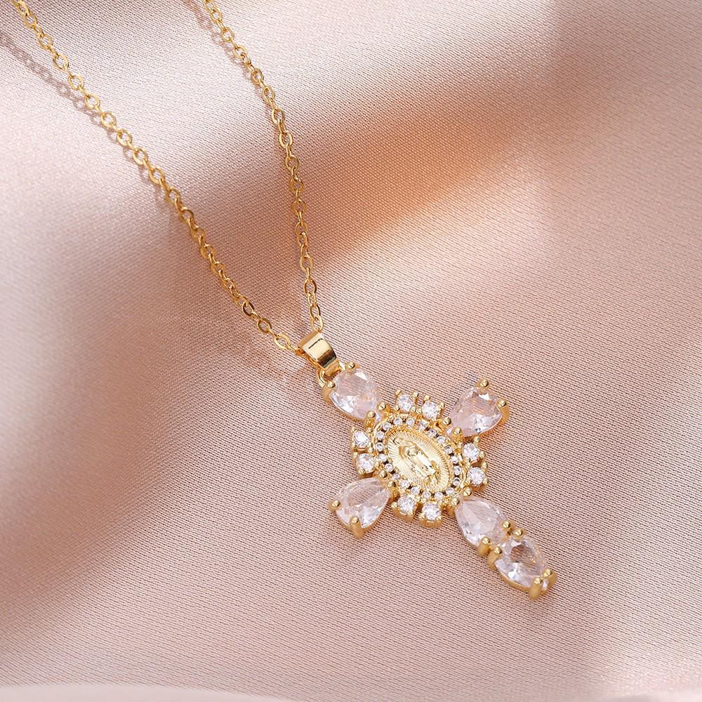 Damen Bunte Zirkon Kreuz Halskette - Nischendesign mit Voll-Diamant-Anhänger an Edelstahlkette
