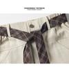 Vintage Contrast Color Plaid Belt Curved Wide Leg Loose Casual Pants For Men