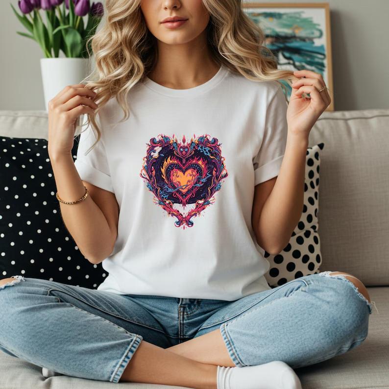 Flaming Heart Graphic Tee, Artistic Valentine Shirt, Romantic Fire Heart T-Shirt