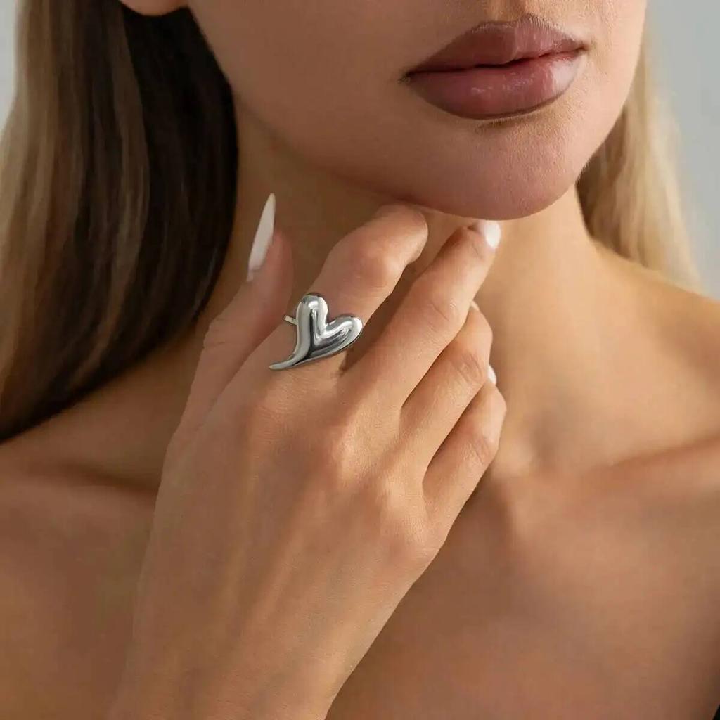 IngeSight.Z Minimalism Y2K Smooth Pointed Love Heart Open Ring for Women Stylish Gold Color Irregular Finger Ring Couple Jewelry