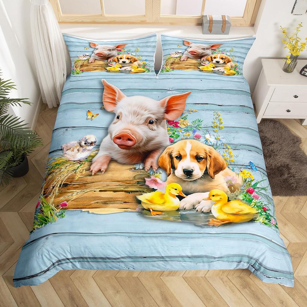 Pigs Duvet Cover Set for Kids Boys Girls Quilt Covers Lightweight Down Room Decor Queen Size 2 Pillowcase 1 Duvet Cover No Quilt