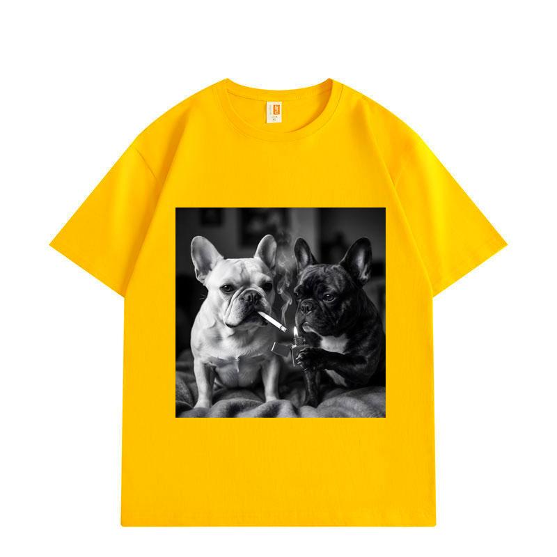French Bulldog Smoking Funny Meme Graphic T Shirts Men Women Fashion Vintage Short Sleeve T-shirt Summer Cotton T-shirts