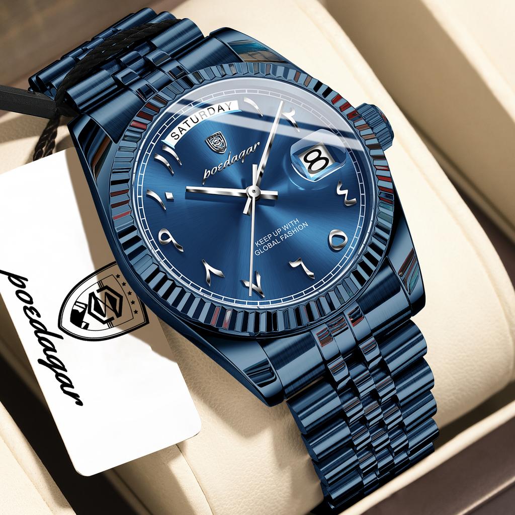 POEDAGAR Fashion High Quality Men Clock Waterproof Date Week Watch for Man Stainless Steel Luxury Quartz Watches + Box