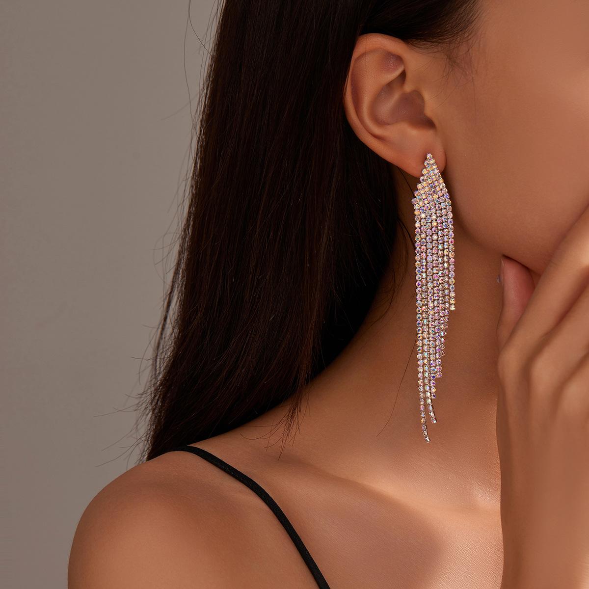 

Premium sense geometric triangular fringed rhinestone stud earrings