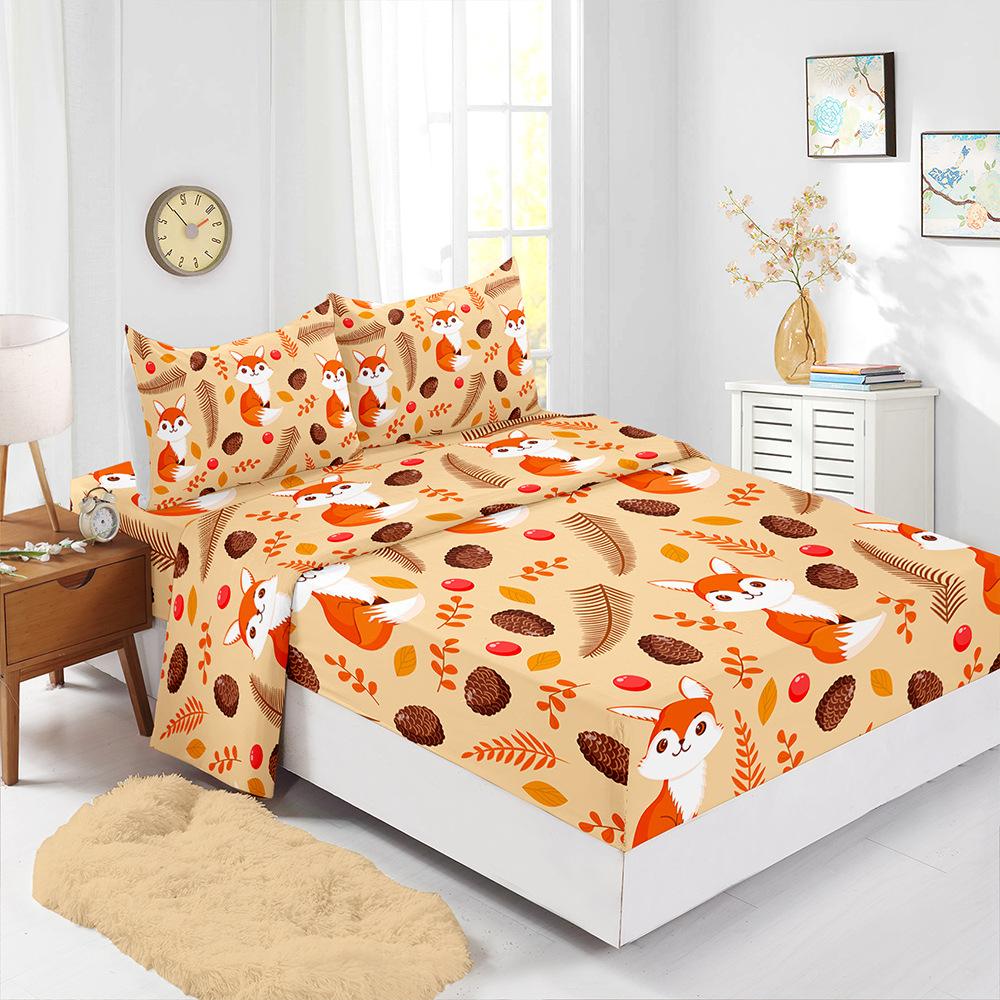 Four-Piece Mattress Set, Little Fox Pumpkin Thanksgiving 3D Digital Printing Mattress Protective Cover