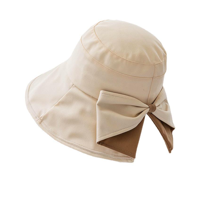 Koreanischer zweifarbiger Sonnenhut mit breiter Krempe und Schleife für Damen - Flacher Oberteil, Schlitz hinten, UV-Schutz