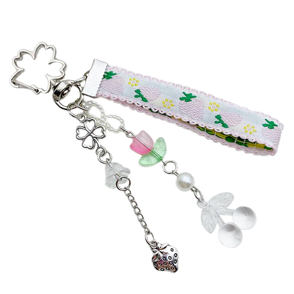 Strawberry Cherrys Ribbon Flower Keychain Charm Colorful Keyring for Women and Girls Bag Accessories Purse Decoration