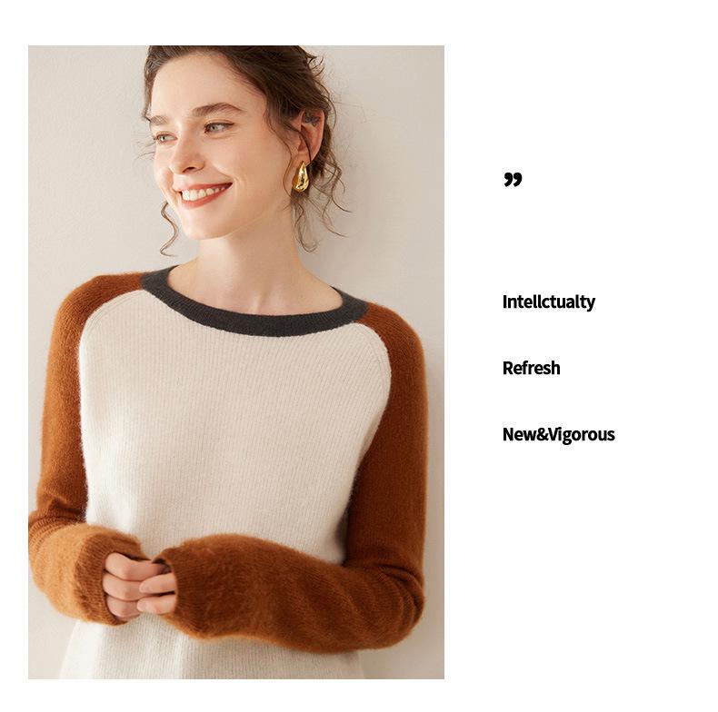 2025 Autumn/Winter Women's Color Block Cashmere Round Neck Loose Knit Sweater