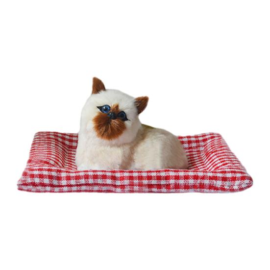 Simulated Cat Toy with Cloth Mat Lifelike Meowing Plush Kitten Model Stuffed Animal Doll Home Office Desktop Decoration Ornament
