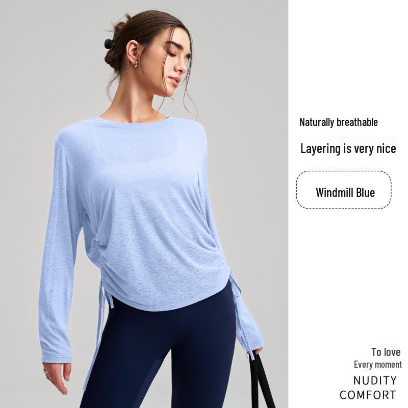 

Round Neck Long Sleeve Yoga Cover-up with Side Drawstrings – Loose & Breathable Fitness Top L