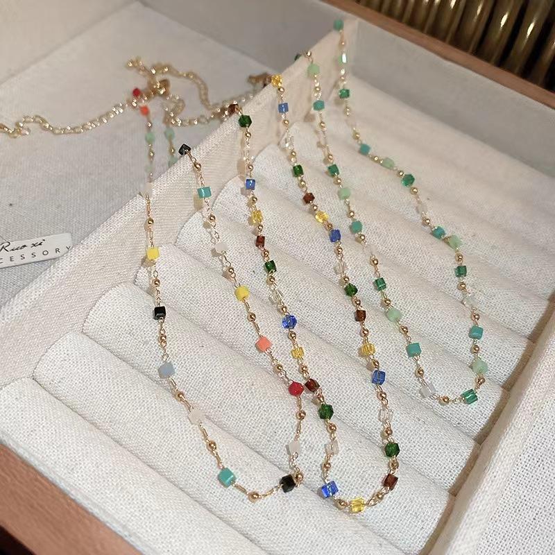 Summer Color Crystal Beaded Necklace Women'S Light Luxury Premium Design Niche Temperament Clavicle Chain Neck Chain