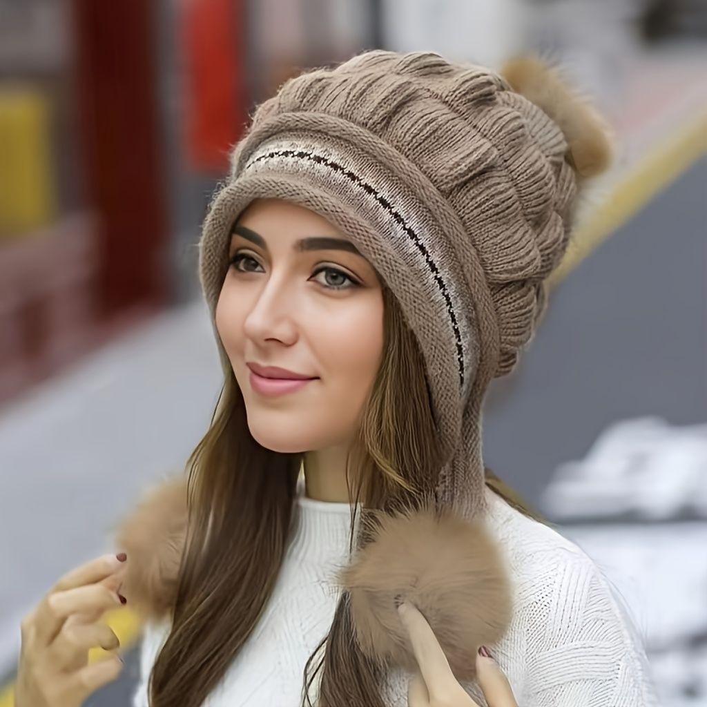 

Winter Warm Women Knitted Wool and Acrylic Hat with Earmuffs and Adjustable Brim хакі