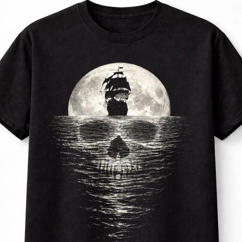 Pirate Ship Skull Moon Ocean Graphic Black Unisex TShirt S