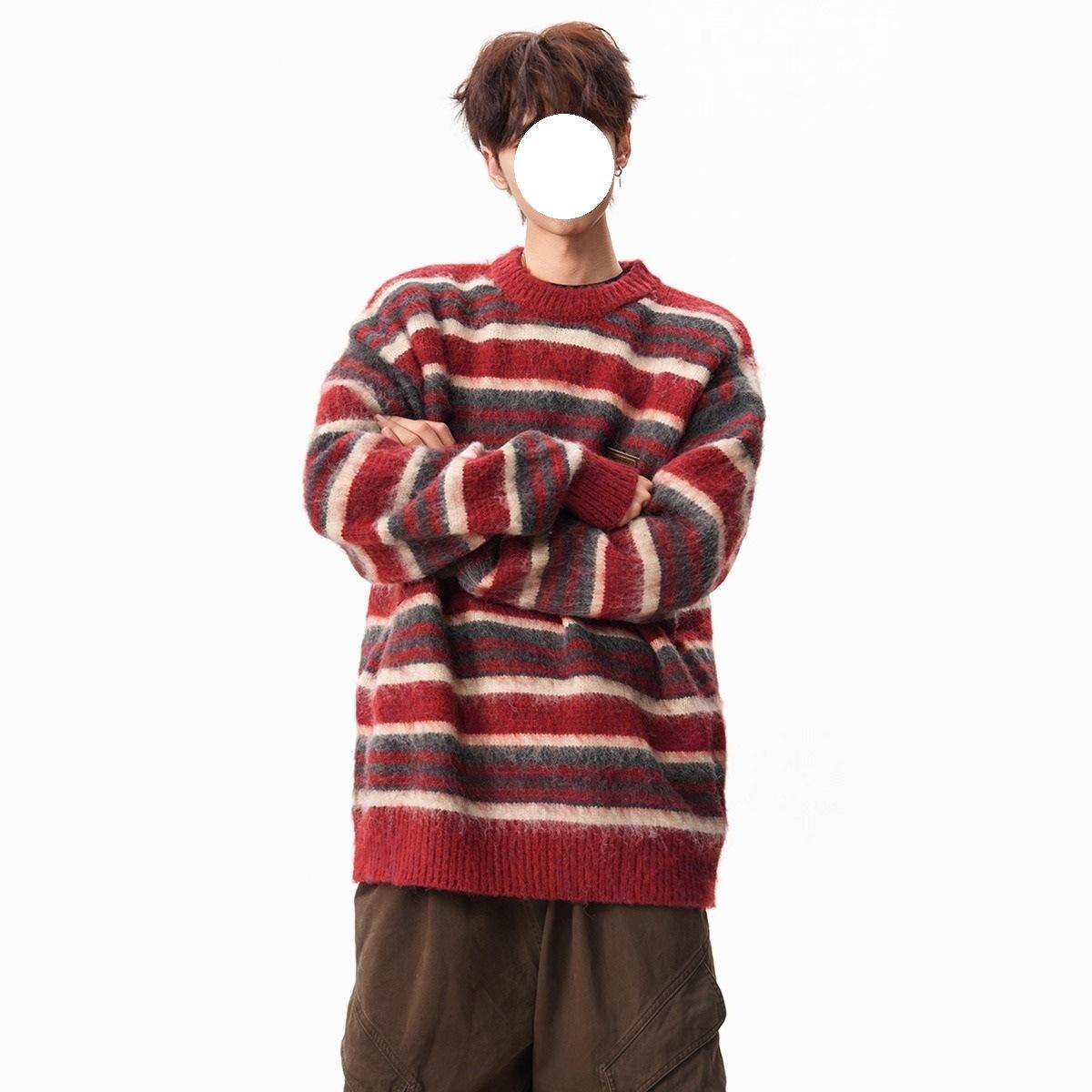 Американский мохеровый полосатый контрастного цвета джемпер с круглым вырезом мужской и женский осенне-зимний ленивая вязаная нить винтажный красный кардиган M