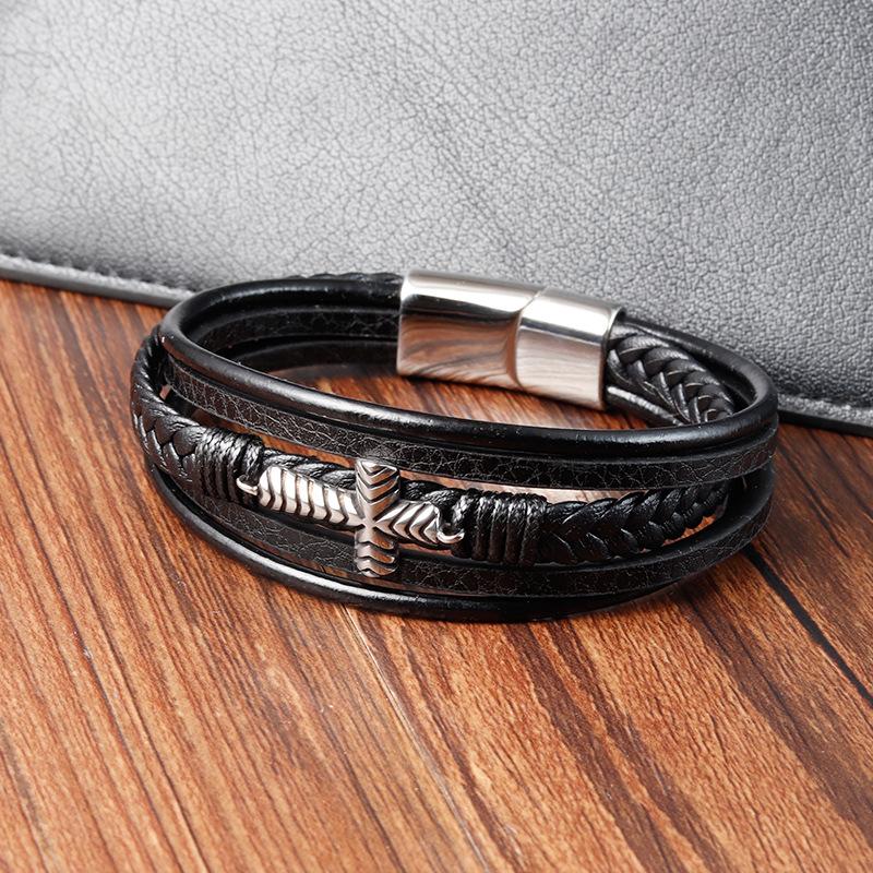 European and American Leather Bracelets, Leather Woven Bracelets, Cross Leather Multi-layer Men's Jewelry