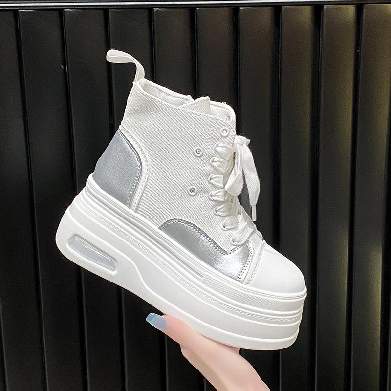 Fashion 8CM Autumn Spring Boots Women High Platform Sneakers Height Increasing Ankle Boots Thick Sole ZIP Breathable Canvas Women shoes