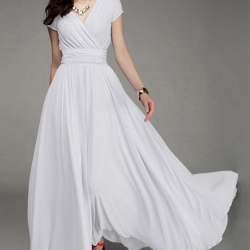 Women's Fashion V Neck Short Sleeve Evening Party Dress Solid Long Cocktail High Waist Summer Dresses